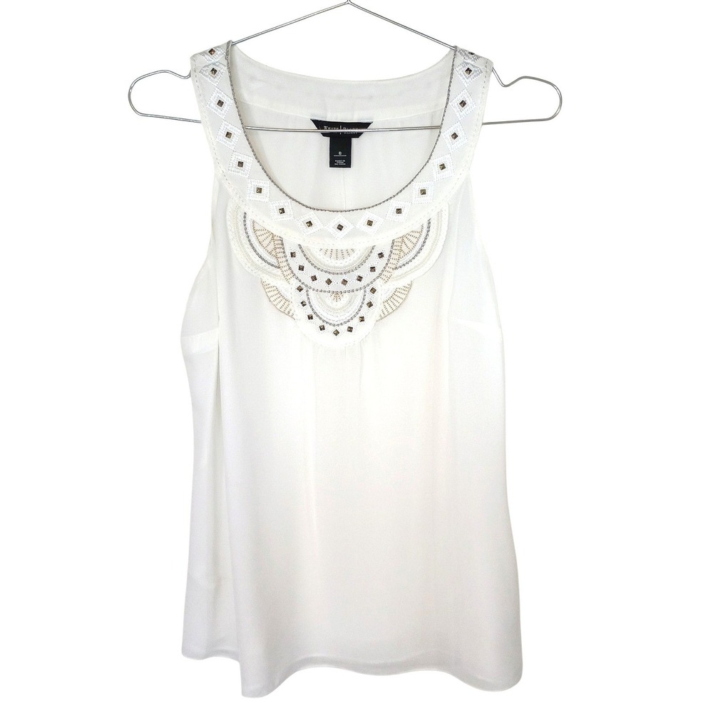 Vintage White House Black Market Embroidered Beaded Neck Shell Top White 6 NEW